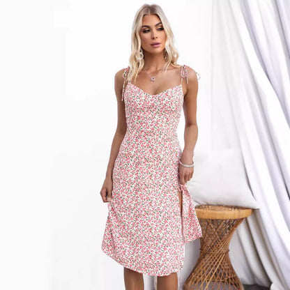Robe midi femme – Coupe ajustée – Bretelles fines – Col en V – Fente côté – Imprimé fleuri