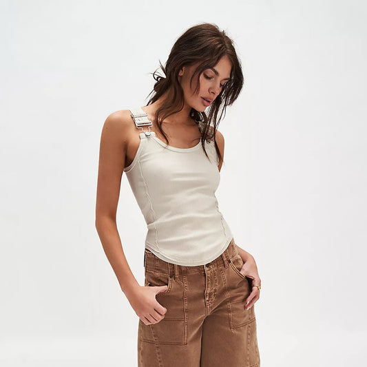 Débardeur femme – Coupe ajustée – Maille côtelée stretch – Bretelles amovibles
