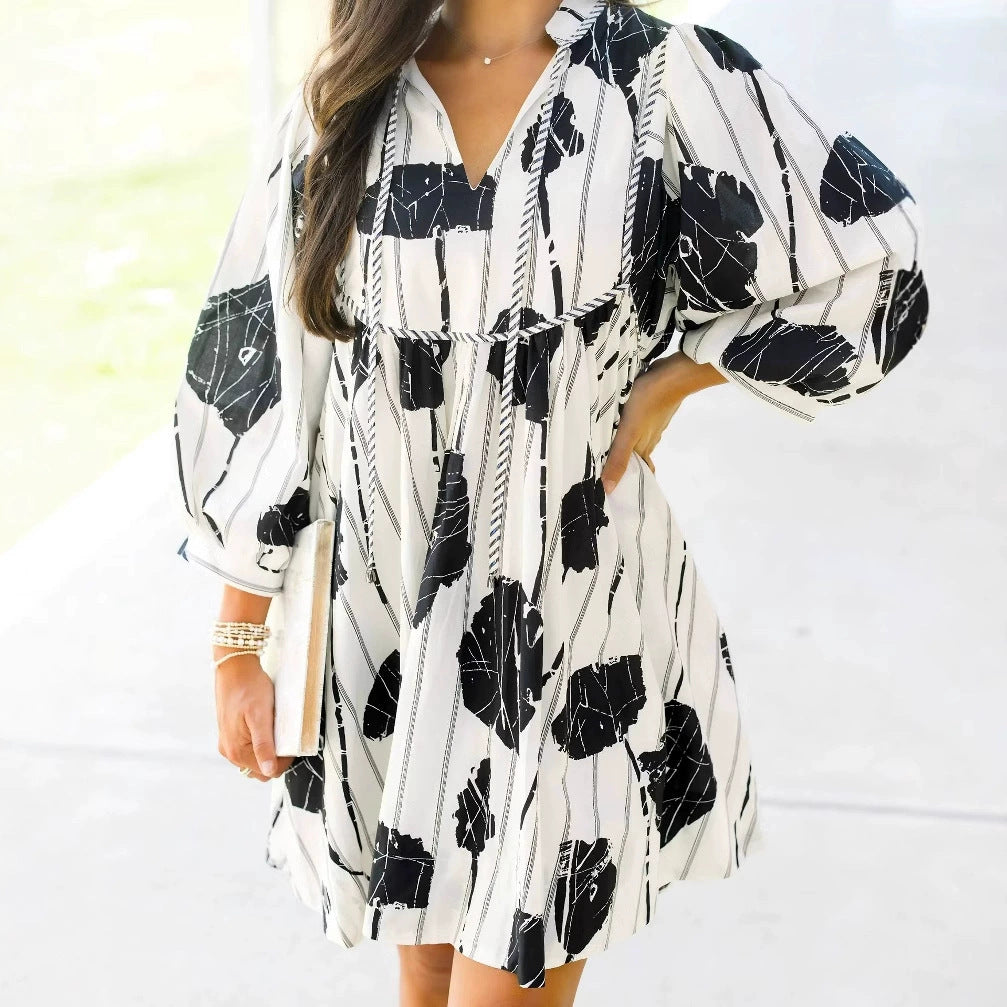 Robe courte femme – Coton – Manches bouffantes – Col en V – Taille cintrée