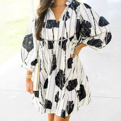 Robe courte femme – Coton – Manches bouffantes – Col en V – Taille cintrée