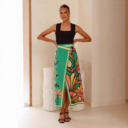 Jupe midi femme – Coupe ajustée – Taille haute – Fente avant – Imprimé abstrait