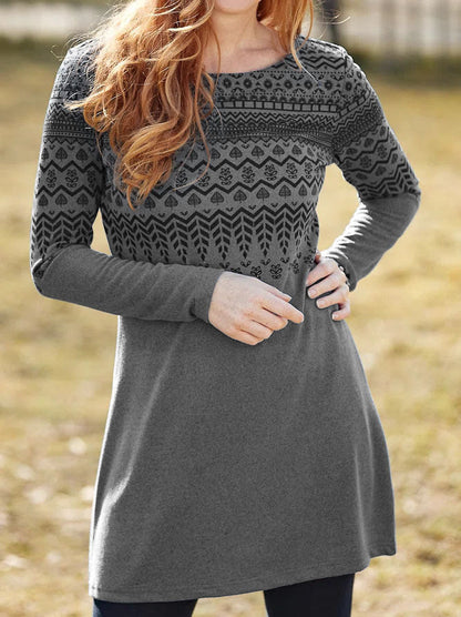 Robe femme – Coupe droite décontractée – Manches longues – Imprimé ethnique – Col rond