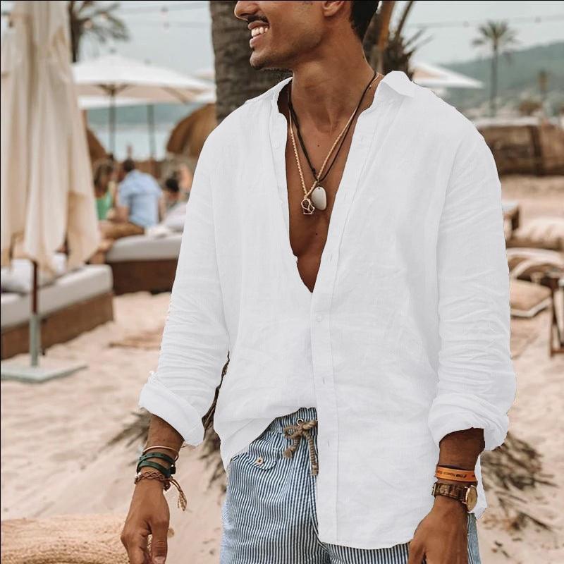 Chemise homme – Coupe décontractée – Fibres naturelles – Manches longues roulées