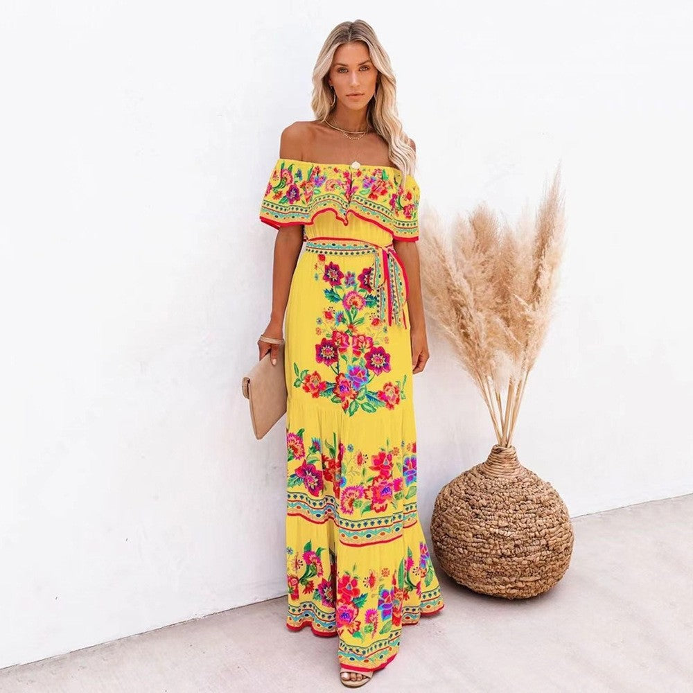 Robe Longue Femme – Épaules Dénudées – Imprimé Floral – Jupe Volante – Tissu Léger
