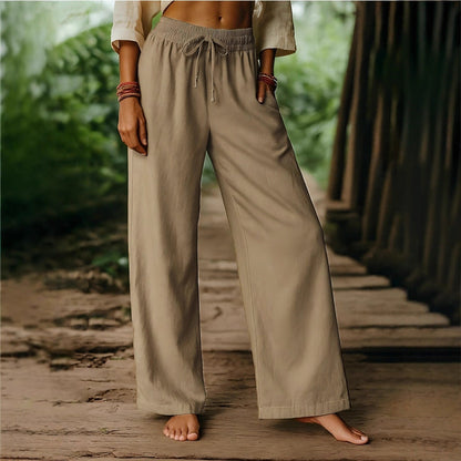 Pantalon femme large – Lin et coton – Taille élastique – Coupe ample