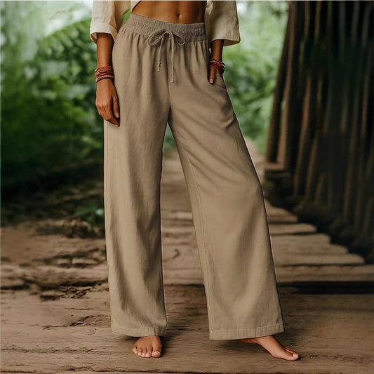 Pantalon femme large – Lin et coton – Taille élastique – Coupe ample