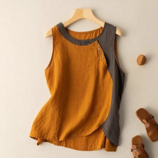 Top sans manches femme – Coton 100 % – Coupe décontractée – Ourlet asymétrique – Boutons épaule