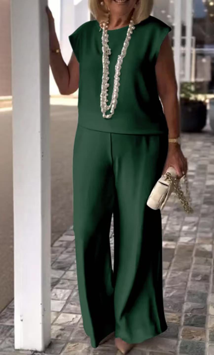 Ensemble Femme – Haut Sans Manches – Pantalon Large Taille Haute – Coupe Évasée Élégante