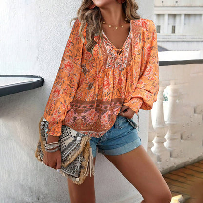 Blouse femme – Rayon léger – Coupe ample – Manches longues – Style bohème chic