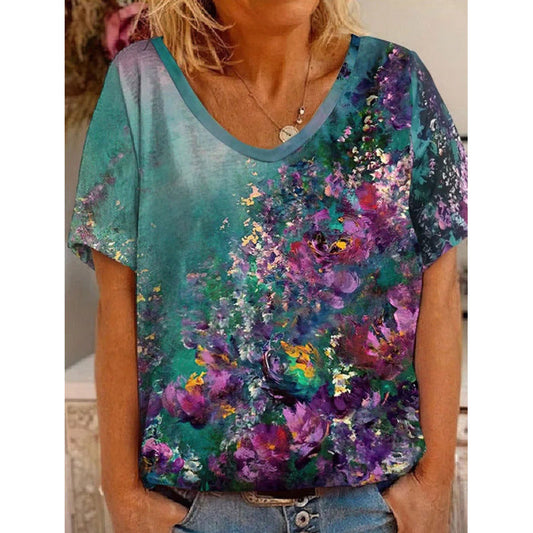 T-shirt femme – Coupe décontractée – Motif floral artistique – Tissu respirant doux