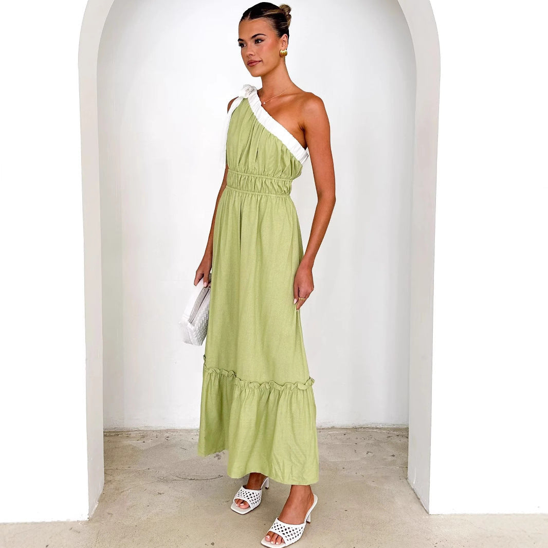 Robe femme – Une épaule – Coupe évasée – Coton doux – Jupe à volants – Longueur midi