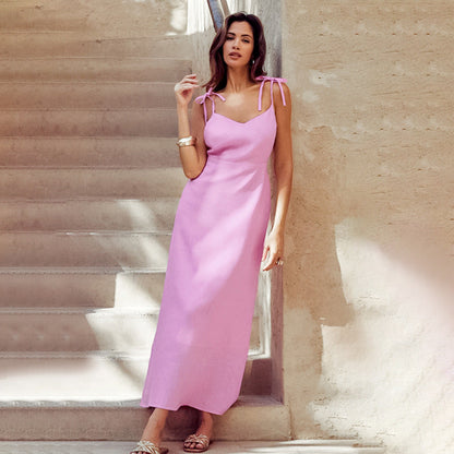 Robe femme – Lin et coton – Coupe évasée – Bretelles réglables – Longueur maxi