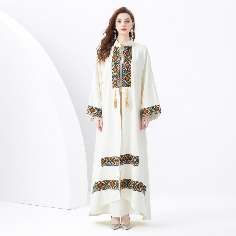 Ensemble deux pièces femme – Robe sans manches et kimono bohème – Détails brodés – Lien à pampilles – Coupe ample