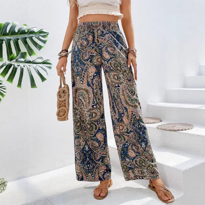 Pantalon femme large – Motif cachemire – Taille élastique – Tissu fluide respirant