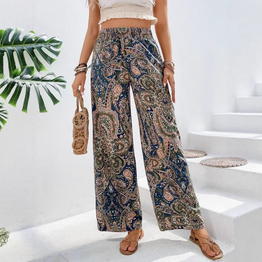 Pantalon femme large – Motif cachemire – Taille élastique – Tissu fluide respirant