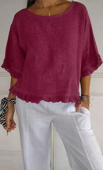 Blouse femme manches courtes – Lin coton – Coupe ample – Col rond – Ourlet volanté