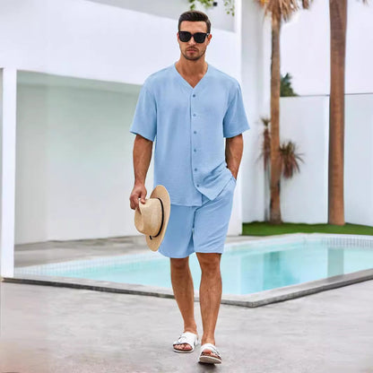 Ensemble Homme – Chemise Col V Boutonnée & Short Ample – Tissu Respirant Doux