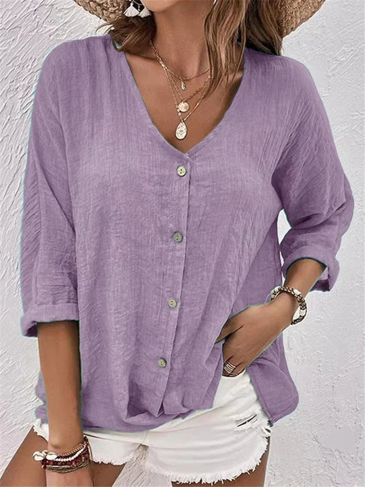 Blouse femme – Coupe décontractée – Lin – Col V – Manches 3/4 à revers
