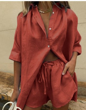 Ensemble Deux Pièces Femme – Lin Léger – Chemise Ample Boutonnée – Short Taille Haute