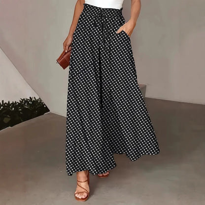 Pantalon large femme – Coupe fluide – Imprimé à pois – Taille cordon – Style décontracté