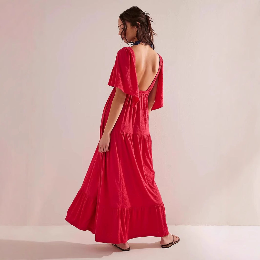 Robe longue femme – Coupe fluide – Décolleté en V – Manches courtes – Dos ouvert