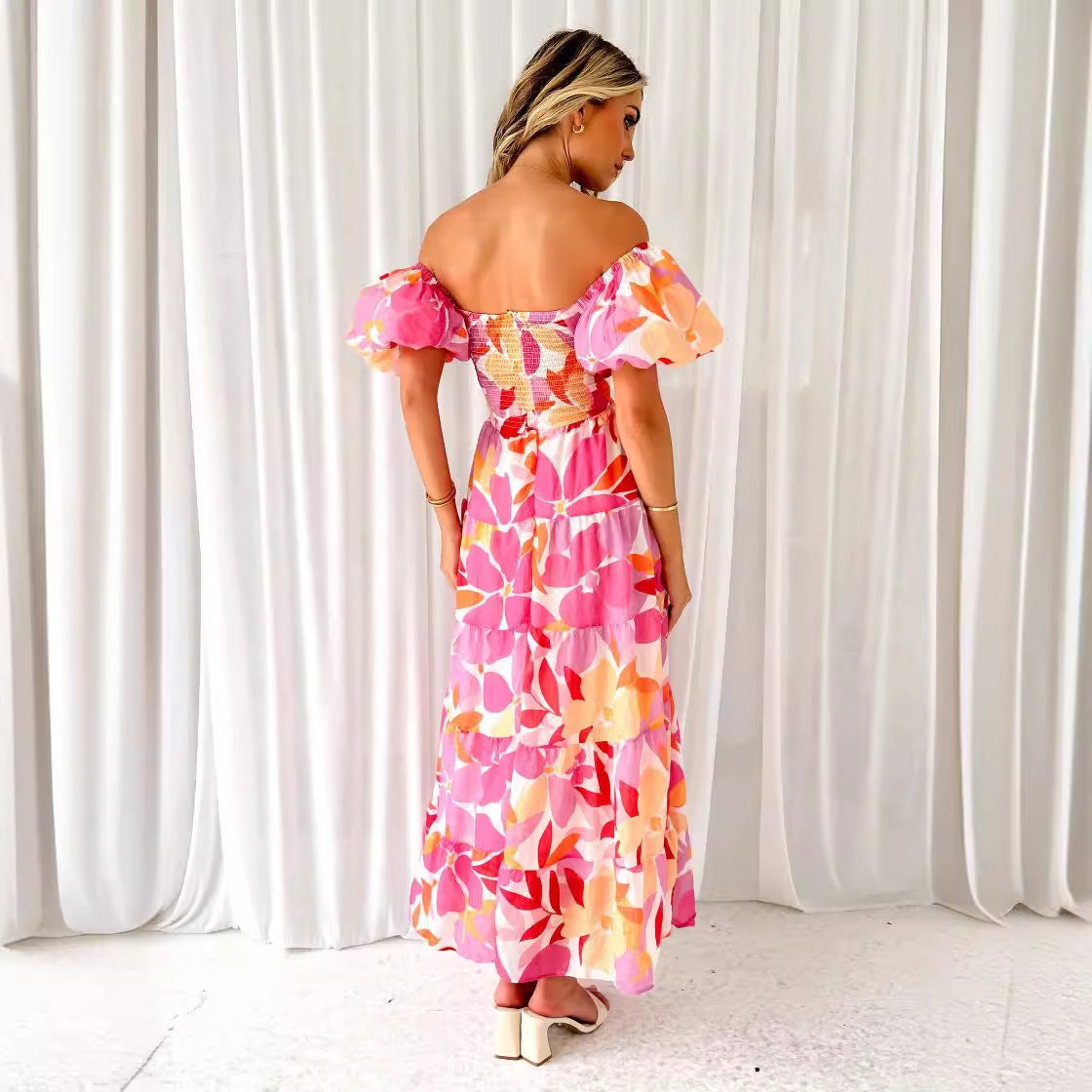 Robe longue femme – Épaules dénudées – Manches bouffantes – Taille smockée