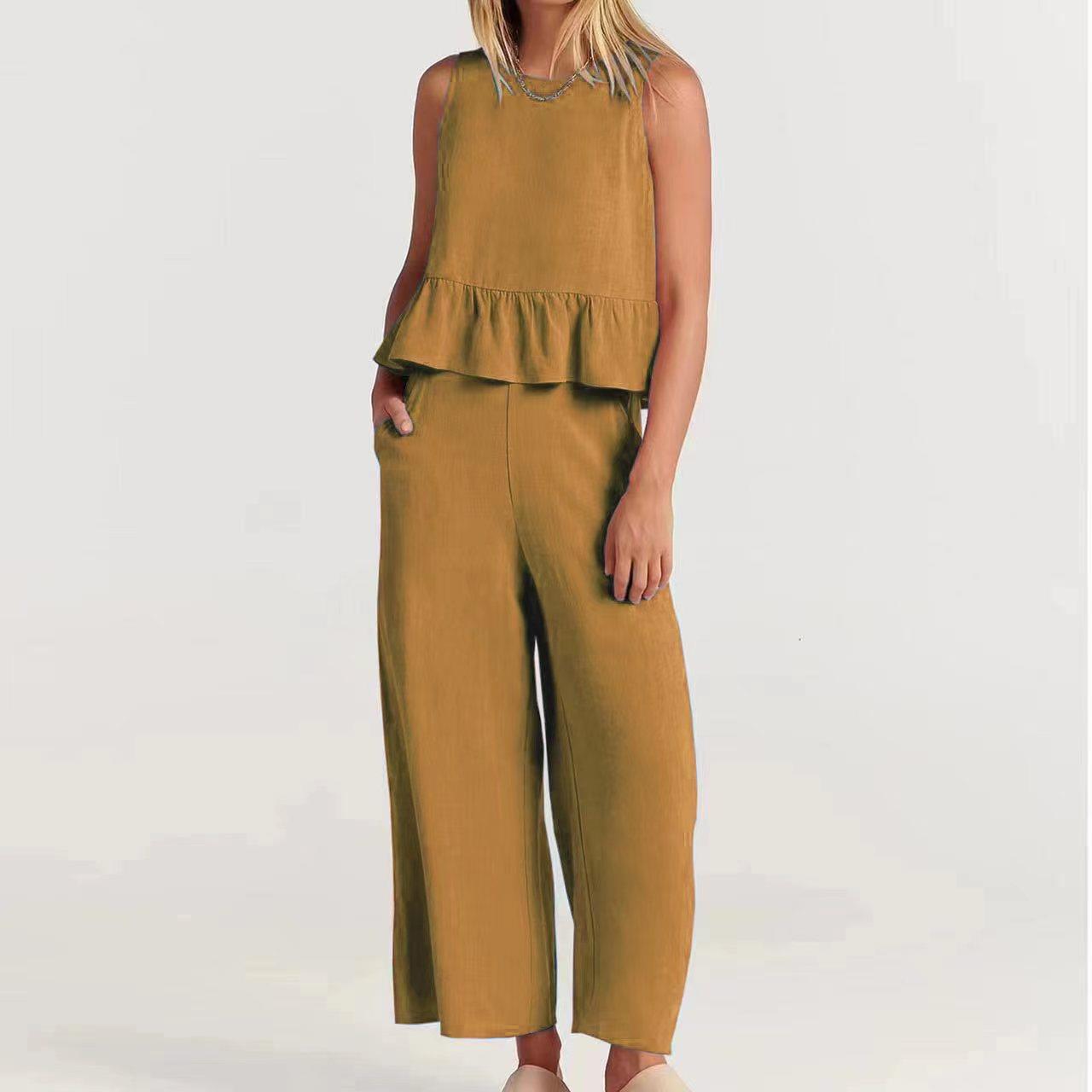 Ensemble 2 pièces pour femmes - Top court sans manches - Pantalon large à taille élastique - Coupe décontractée