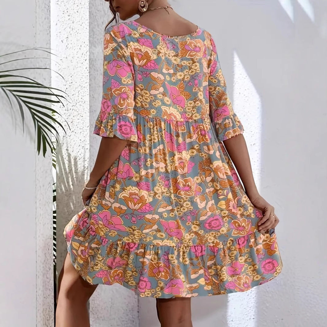 Robe femme – Coupe fluide – Col en V – Manches 3/4 volantées – Imprimé fleuri – Coton