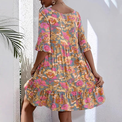 Robe femme – Coupe fluide – Col en V – Manches 3/4 volantées – Imprimé fleuri – Coton