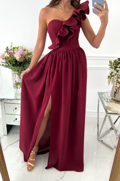 Robe de soirée femme – Une épaule à volant – Fente élégante – Coupe fluide évasée