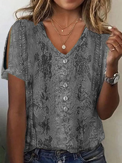 Blouse femme – Coupe décontractée – Tissu respirant – Col V – Broderie bohème
