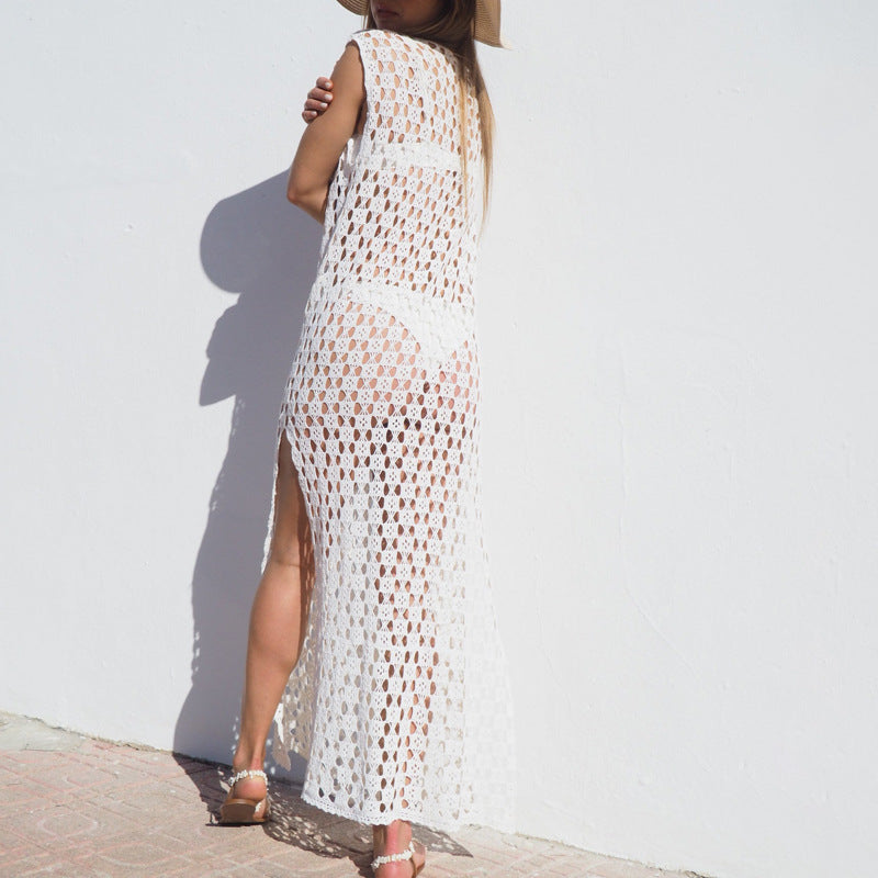 Robe Longue Femme – Maille Crochet Aérée – Sans Manches – Fente Latérale – Coupe Ample