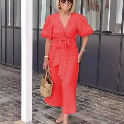 Robe midi femme – Coupe décontractée – Fibres naturelles – Manches bouffantes – Ceinture nouée – Décolleté en V