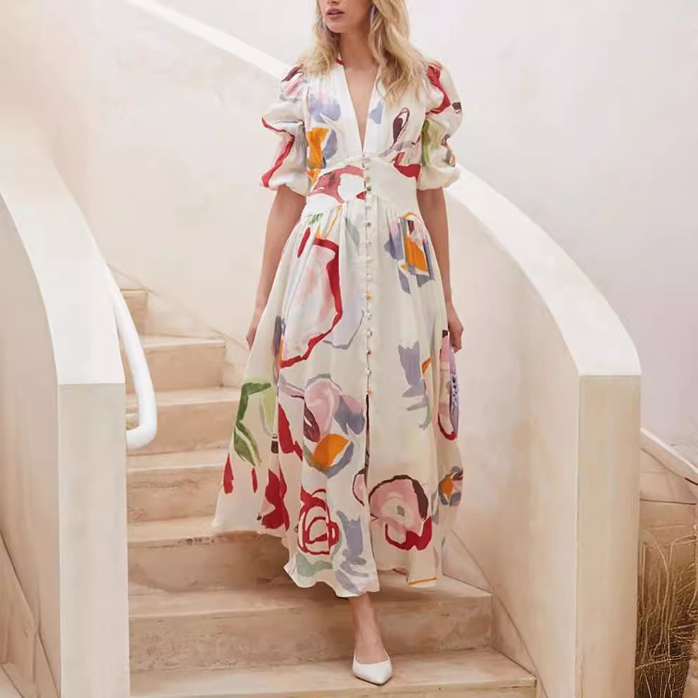 Robe longue femme – Fibres naturelles – Coupe fluide – Manches ballon – Boutons devant