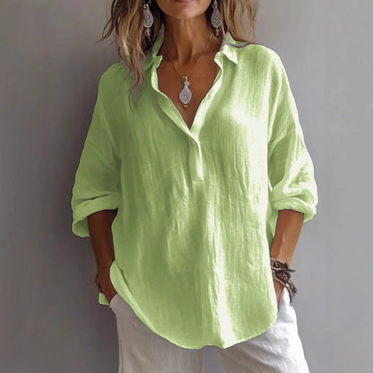 Chemise femme col V – Coupe ample – Manches longues roulées – Fibres naturelles respirantes