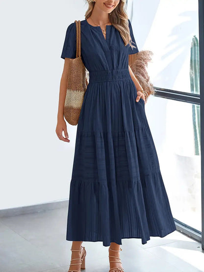 Robe longue femme – Col en V – Manches bouffantes – Taille froncée – Coupe évasée