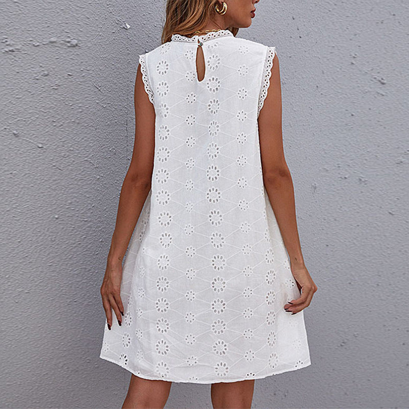 Robe droite femme – Coton – Broderie florale – Sans manches – Finition dentelle