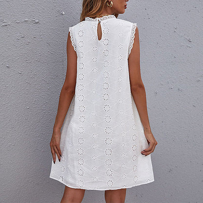 Robe droite femme – Coton – Broderie florale – Sans manches – Finition dentelle