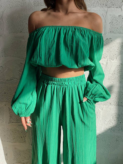 Women's Two-Piece Set – Off-Shoulder Top – High-Waist Wide-Leg Pants