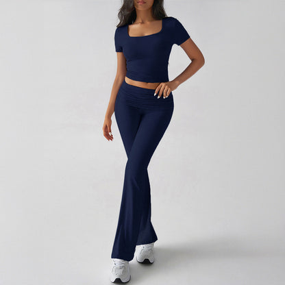 Ensemble Femme Deux Pièces – Haut Court Ajusté Col Carré – Pantalon Évasé Taille Haute