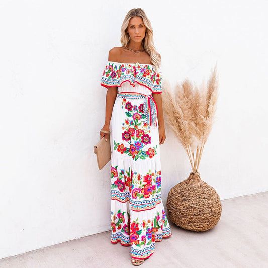 Robe Longue Femme – Épaules Dénudées – Imprimé Floral – Jupe Volante – Tissu Léger