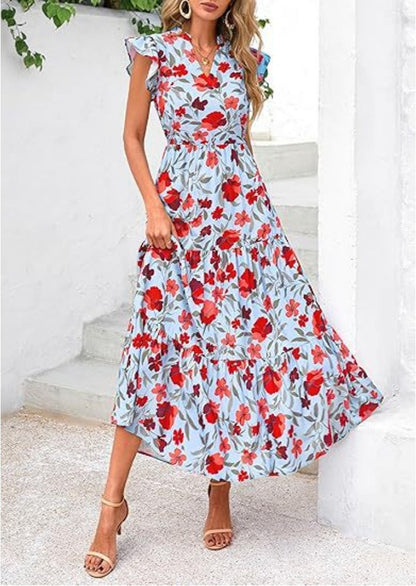 Robe femme mi-longue – Encolure en V – Manches volantées – Coupe fluide – Motif imprimé