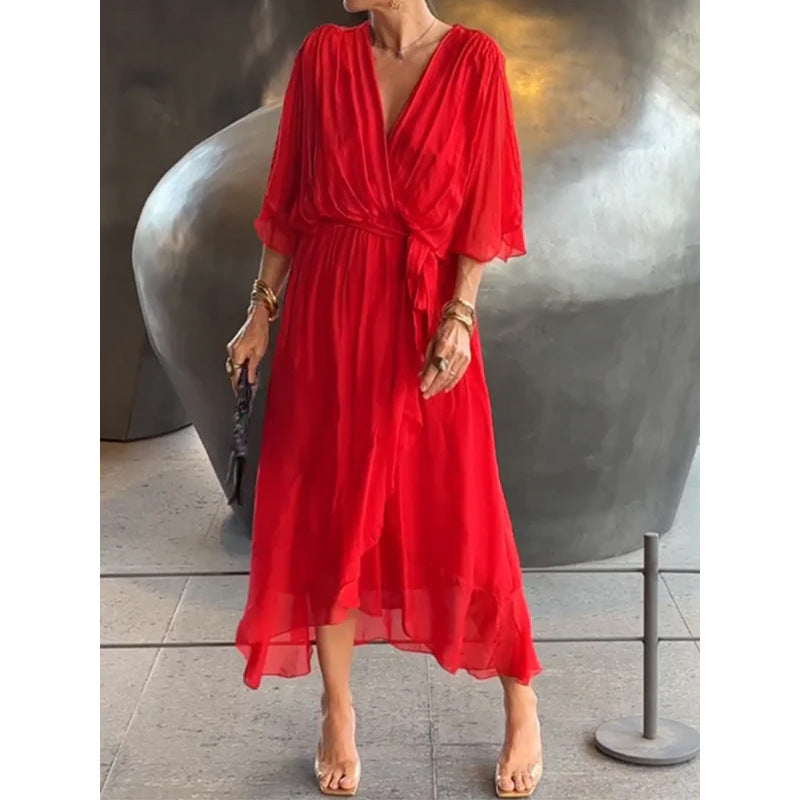 Robe longue femme – Tissu fluide – Manches chauve-souris – Taille nouée – Ourlet asymétrique
