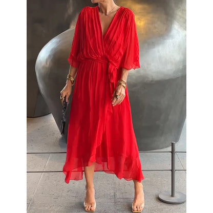Robe longue femme – Tissu fluide – Manches chauve-souris – Taille nouée – Ourlet asymétrique