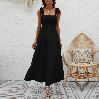 Robe longue femme – Bretelles nouées – Tissu léger – Jupe évasée à volants