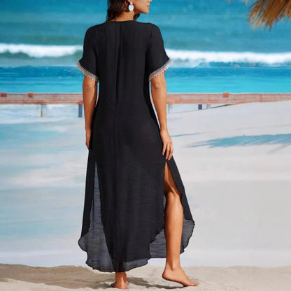Robe longue femme – Coupe fluide – Col V – Détails brodés – Fente latérale