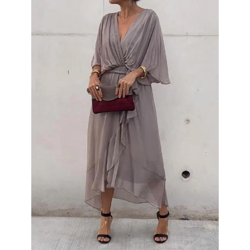 Robe longue femme – Tissu fluide – Manches chauve-souris – Taille nouée – Ourlet asymétrique
