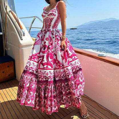 Robe longue pour femme – Coupe Fluide – Tissu Respirant – Jupe Volants – Imprimé Élégant