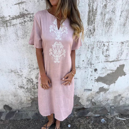 Robe midi femme – Fibres naturelles – Coupe décontractée – Manches courtes – Broderie