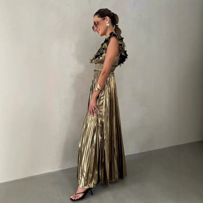 Robe de soirée femme – Coupe évasée – Satiné – Décolleté volanté – Jupe plissée maxi